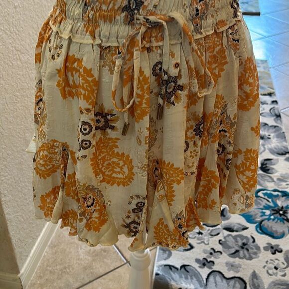 Bishop & Young Women's M Splendor Flare Skirt Smock Waist Cream Orange Mini New - Picture 2 of 10